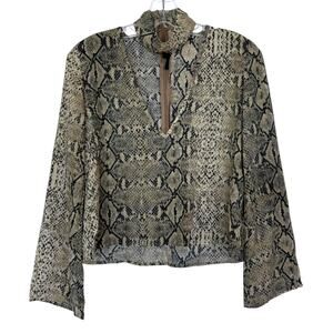 Olivaceous Snakeskin Long Sleeve Blouse Collared Deep V-Neck Shirt Size Small